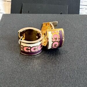 NWT COACH GOLD PINK WHITE SIGNATURE MONOGRAM ENAMEL HUGGIE HOOP EARRINGS